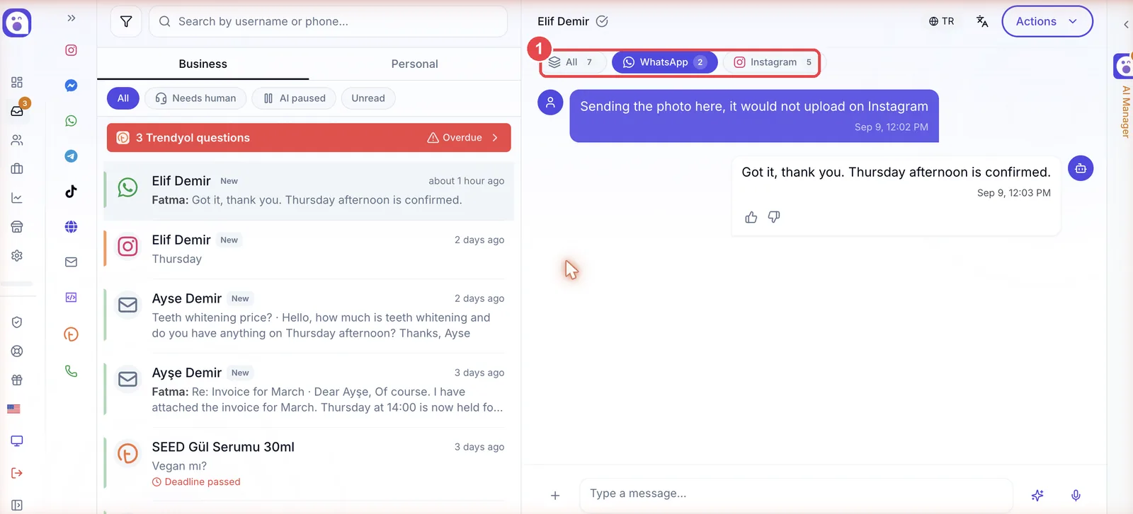 A conversation with channel buttons above it, one per channel, each showing a message count