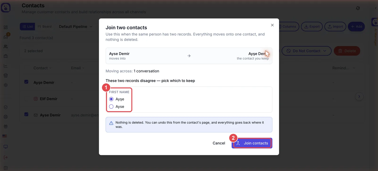 The Join two contacts window, showing which record is kept and a choice of first name