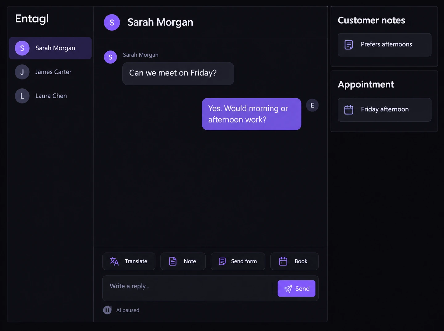 The assigned teammate can review and continue the conversation.